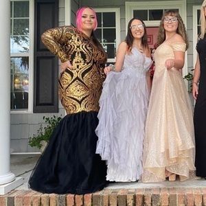 custom made, black and gold, formal prom dress